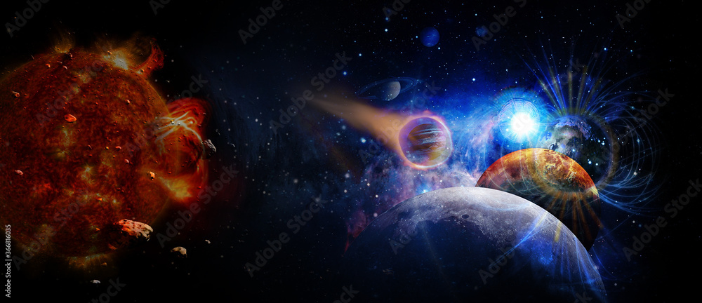 Panoramic view of planets in distant solar system in space. Elements of this image furnished by NASA. - obrazy, fototapety, plakaty 