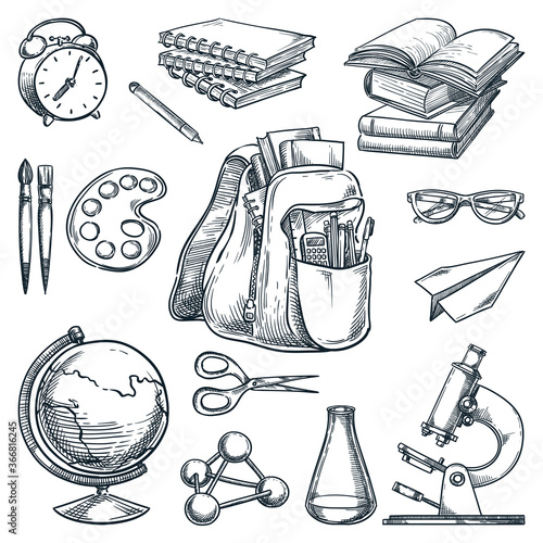 School supplies and education design elements, isolated on white background. Hand drawn sketch vector illustration