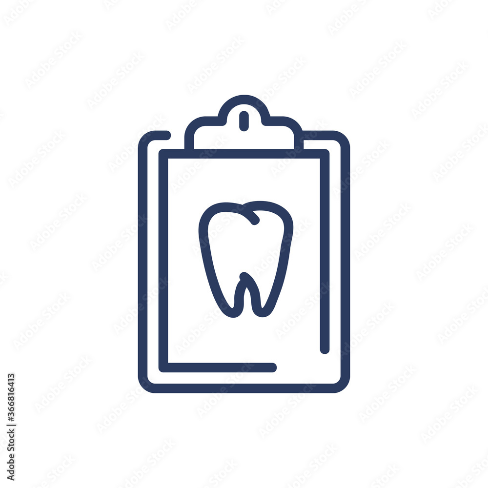 Dentist report thin line icon. Tooth on paper on notepad, medical document, insurance isolated outline sign. Dental care, dentistry concept. Vector illustration symbol element for web design and apps Dentist report thin line icon. Tooth on paper on notepad, medical document, insurance isolated outline sign. Dental care, dentistry concept. Vector illustration symbol element for web design and apps