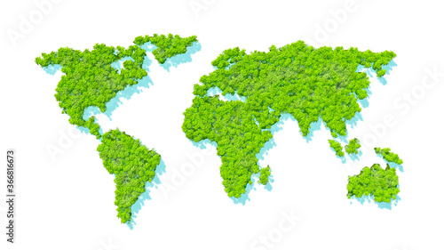 Carte des pays du monde en forêt tropicale dense. Arbres et végétation de couleur verte. Fond blanc. Rendu 3D 