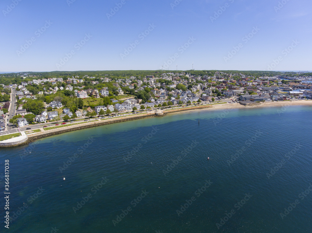 Gloucester city and Pavilion Beach aerial view, Gloucester, Cape Ann, Massachusetts MA, USA.
