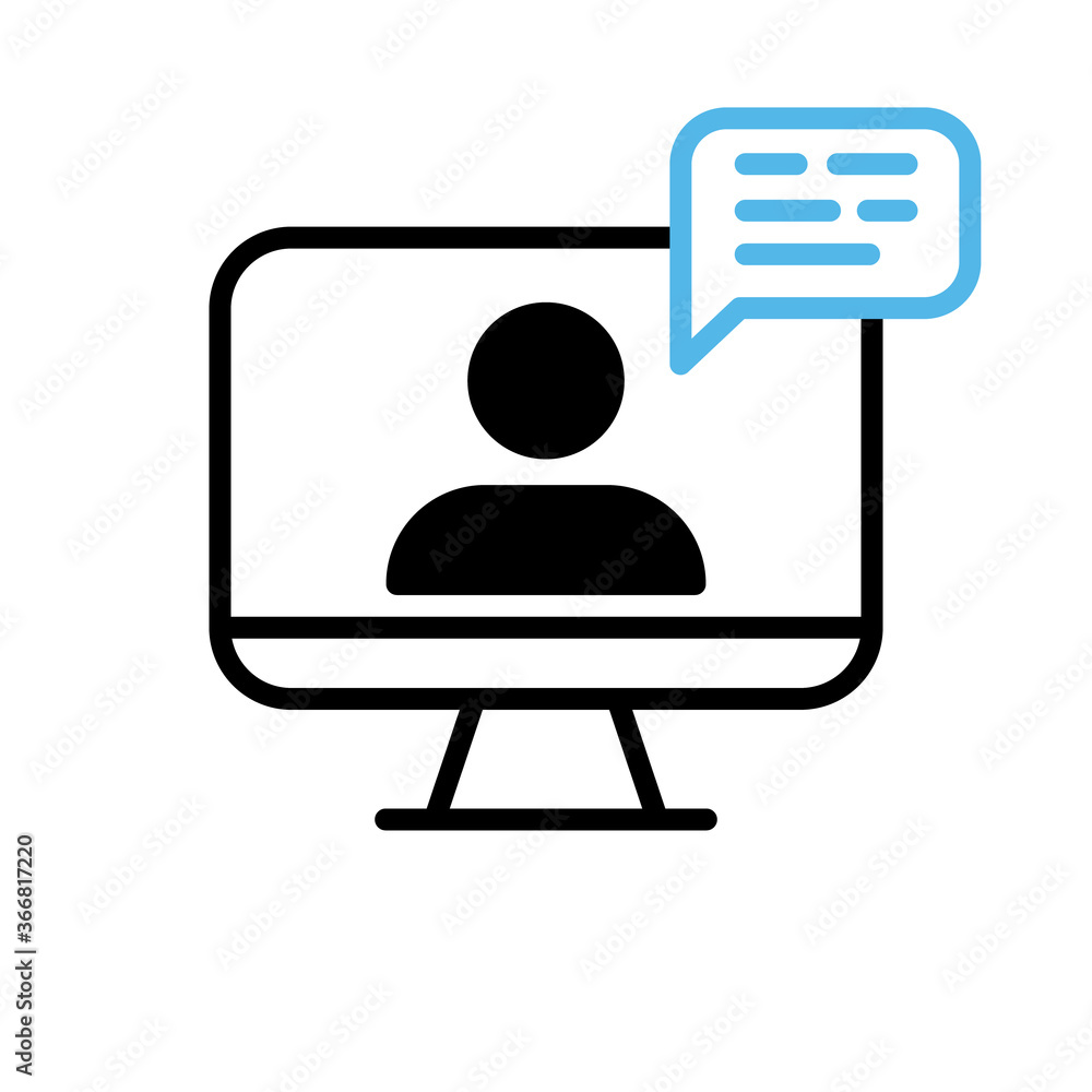 Video conference icon. Person on computer screen. Home office. Digital communication. Internet teaching media. Video conference icon. Person on computer screen. Home office. Digital communication. Internet teaching media.