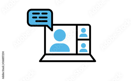 Video conference icon. People on computer screen. Home office in quarantine times. Internet virtual teaching media. Digital communication