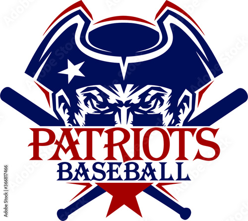 patriots baseball team design with half mascot and crossed bats for school, college or league photo