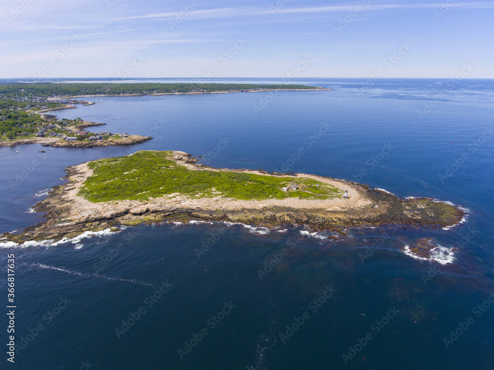 Straitsmouth Island Lighthouse aerial view on Straitsmouth Island in town of Rockport, Cape Ann, Massachusetts MA, USA. Straitsmouth Island Lighthouse aerial view on Straitsmouth Island in town of Rockport, Cape Ann, Massachusetts MA, USA.