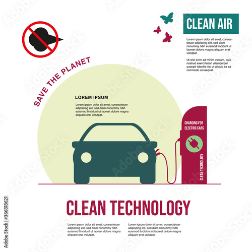 The electric car is charging at Electric Car Charging Station. Exhaust fumes. Environmental protection concept. Poster