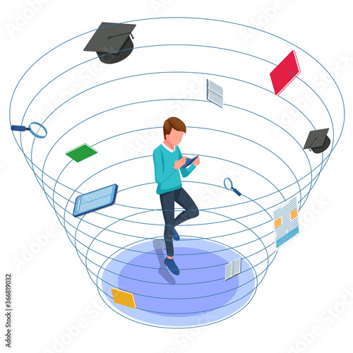 Student reading book. Anti gravity male around school tools. Isometric back to school illustration. Vector