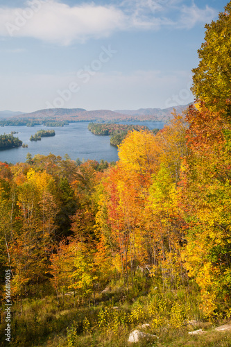 View of autumn leaves and Lake Ontario on the west portion of Adirondack national Park near Alexandria Bay, NY.