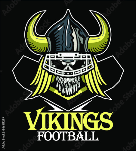 vikings football team design with skull mascot wearing facemask and horns for school, college or league 