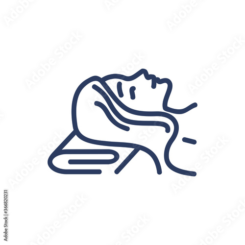 Spa salon customer thin line icon. Face of relaxed woman lying on her back isolated outline sign. Wellness, body care, massage concept. Vector illustration symbol element for web design and apps