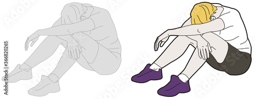 Vector drawing of a female tired runner. Sportswoman sitting on the ground with her head hanging down.