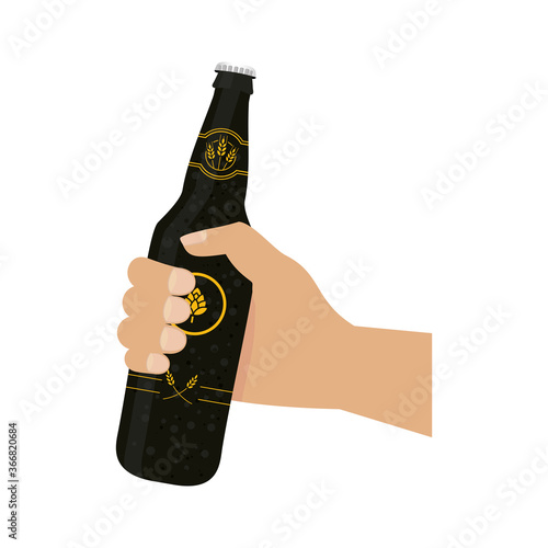 hand holding black beer bottle vector design
