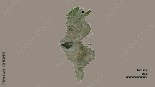 Monastir, governorate of Tunisia, with its capital, localized, outlined and zoomed with informative overlays on a satellite map in the Stereographic projection. Animation 3D