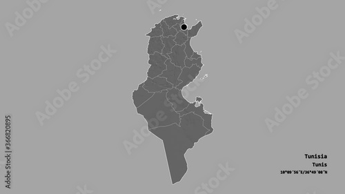 Nabeul, governorate of Tunisia, with its capital, localized, outlined and zoomed with informative overlays on a bilevel map in the Stereographic projection. Animation 3D photo