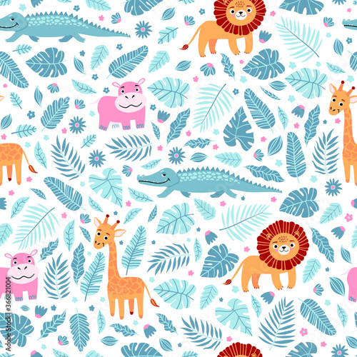 Seamless pattern of wild exotic animals living in savannah or tropical jungle. Vector bright illustration for kids © Viktoriia