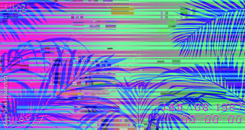 Ambient scene with palm leaves on glitched screen with VHS flicker and stripes. Retro 80's style vibe.