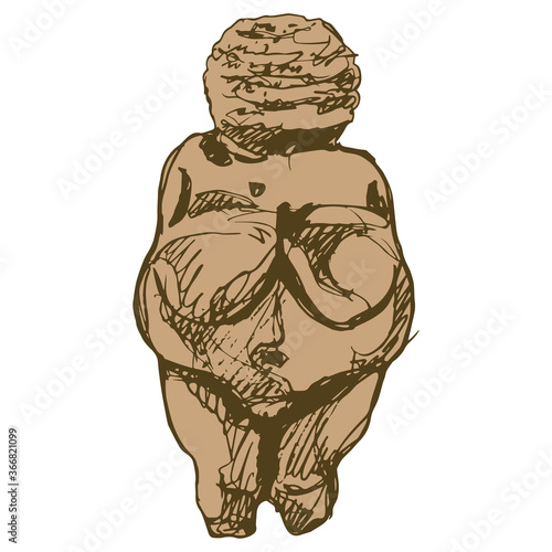 Venus of Willendorf. Paleolithic female figurine from Austria. Stone age sculpture. Great Mother archetype. Fat pregnant lady. Fertility goddess. Hand drawn colorful rough sketch.	