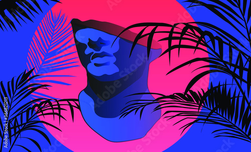 Marble bust in neon lighting with tropical fern leaves around. Ambient retro vaporwave aesthetics.