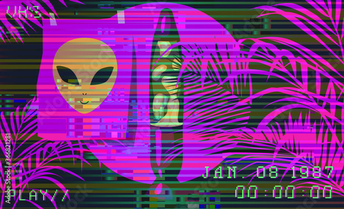Ambient cyberpunk scene with lava lamp and palm leaves on glitched screen with VHS flickers and stripes. Retro 80's style vibe.