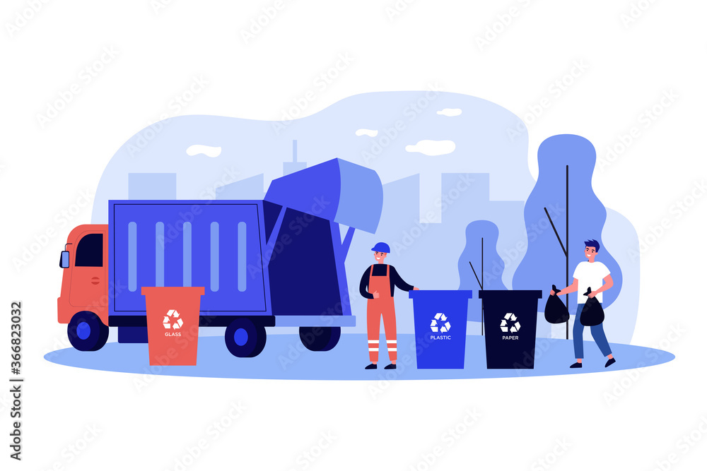 Trash collection transport. Man throwing trash into bins with recycling
