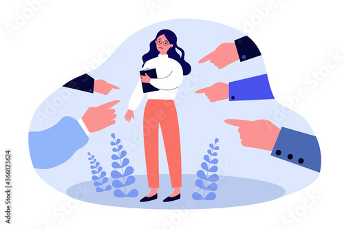 Victim of social bullying. Index fingers pointing at sad depressed woman feeling shame, guilty. illustration for society conviction, denunciation, blame, accusing concept