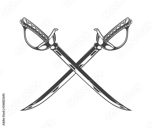 Vintage monochrome crossed sabers illustration. Isolated vector template