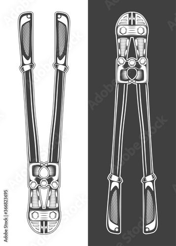 Vintage monochrome highly detailed bolt cutter illustration. Isolated vector template