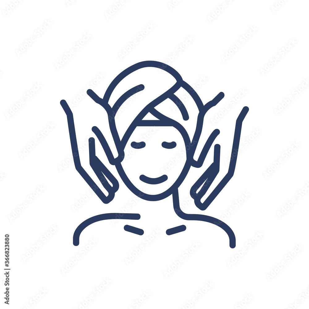 Facial massage thin line icon. Woman, face, therapist hands isolated outline sign. Spa salon, body care, cosmetology concept. Vector illustration symbol element for web design and apps Facial massage thin line icon. Woman, face, therapist hands isolated outline sign. Spa salon, body care, cosmetology concept. Vector illustration symbol element for web design and apps