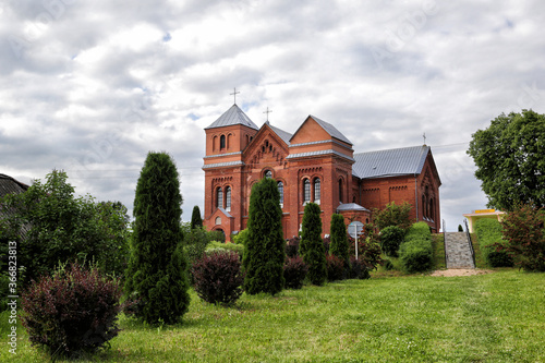Rositsa, Belarus - 06/13/2020: Catholic church of the Holy Trinity in the village of Rositsa, Belarus