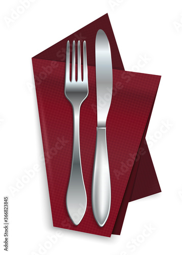 Knife with fork on a red napkin isolated on a white background. Cutlery on a red checkered napkin. Realistic vector illustration