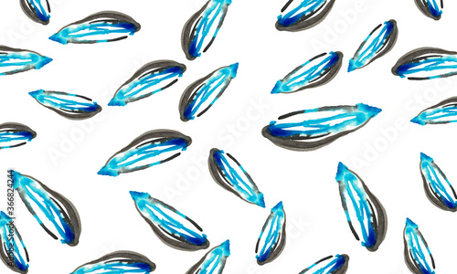 Black Leaf Template. Blue Painting Artwork. White Hand Drawn Banner. Bright Dynamic Design. Bright Nature Decor. Black Aquarelle Image. Blue Abstract Splash. © K.Balinskaya