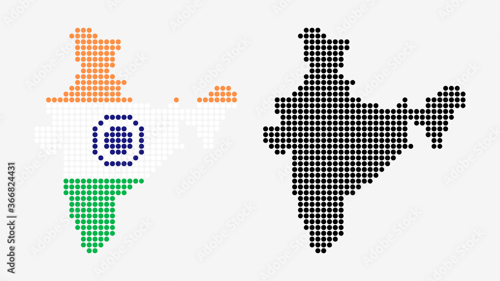 Map of India, in dotted style. One version includes the flag, the other is simply black. Vector Graphic.
