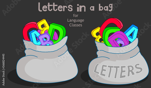 Colored letters in bag. Cartoon grammar class icon. Colorful toy 2d letters. Green, blue, red, yellow abc in pocket. Latin, English, Spanish, German course. For game room, kindergarten school. Vector
