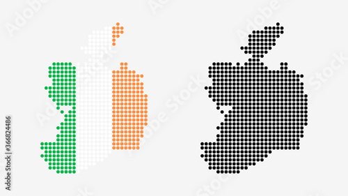 Map of the Republic of Ireland, in dotted style. One version includes the flag, the other is simply black. Vector Graphic.