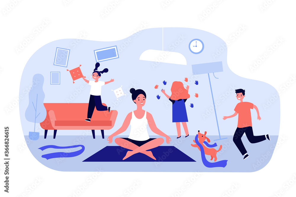 Hyperactive adorable children and pet making chaos in room. Calm mother keeping zen gesture and meditating. illustration for mischievous kids, quarantine, motherhood concept Hyperactive adorable children and pet making chaos in room. Calm mother keeping zen gesture and meditating. illustration for mischievous kids, quarantine, motherhood concept