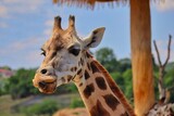 Rothschild's Giraffe in Czech Zoo with Tongue Out. Beautiful African Giraffa in Zoological Garden in Prague. Mammal Herbivore Head Portrait.
