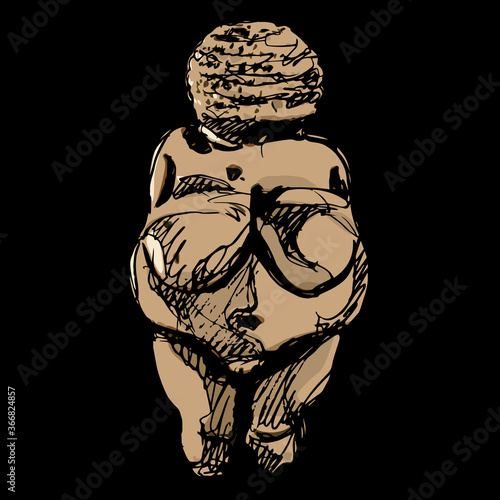 Venus of Willendorf. Paleolithic female figurine from Austria. Stone age sculpture. Great Mother archetype. Fat pregnant lady. Fertility goddess. Hand drawn colorful rough sketch.