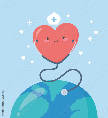 thank you doctors and nurses, nurse heart with stethoscope on world cartoon