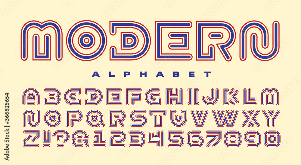 Fototapeta premium A Sleek and Modern Alphabet with Rounded Blue Strokes and Red Stroke Outlines. Letters are Defined with Minimal Contours for a Bold Urban Vibe.