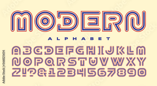 A Sleek and Modern Alphabet with Rounded Blue Strokes and Red Stroke Outlines. Letters are Defined with Minimal Contours for a Bold Urban Vibe.