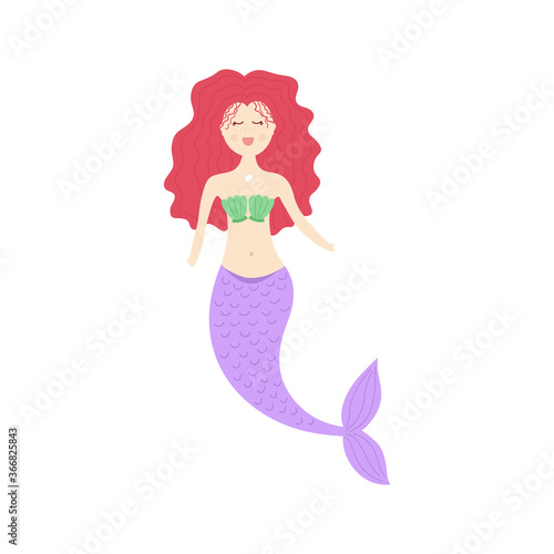 Cute mermaid vector illustration. Red hair mermaid girl, princess with purple tail and green shell bra. Isolated.