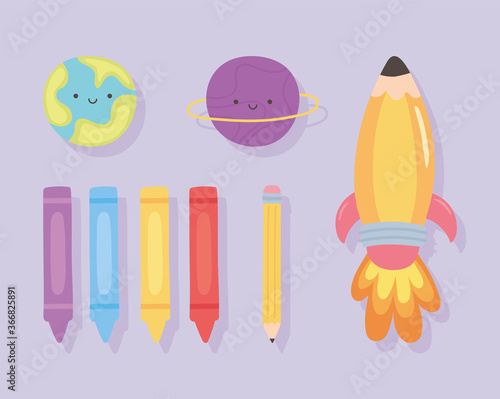 back to school, education cartoon rocket crayons and planets icons