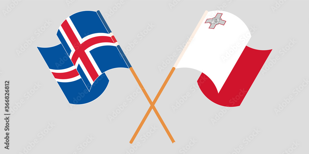 Crossed and waving flags of Malta and Iceland Crossed and waving flags of Malta and Iceland