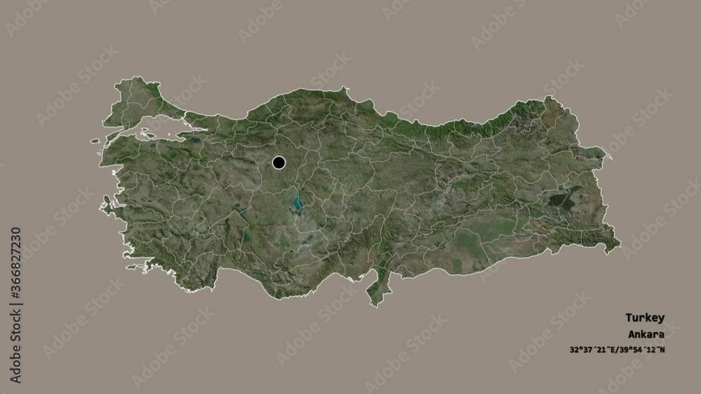 Ankara, province of Turkey, with its capital, localized, outlined and zoomed with informative overlays on a satellite map in the Stereographic projection. Animation 3D Ankara, province of Turkey, with its capital, localized, outlined and zoomed with informative overlays on a satellite map in the Stereographic projection. Animation 3D