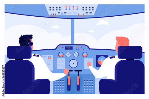 Airplane pilots at control panel navigating plane in cockpit. Vector illustration for travel, flight, job, crew concepts