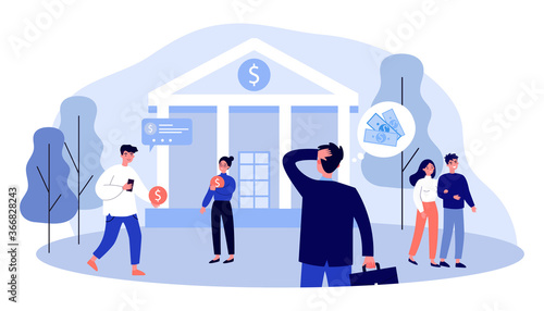 People standing in front of bank building and thinking. Money, cash, coin flat vector illustration. Finance and banking concept for banner, website design or landing web page