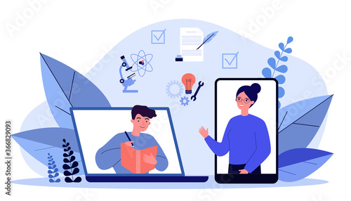 Happy people learning online via smartphone or laptop. Science, teacher, student flat vector illustration. Education and digital technology concept for banner, website design or landing web page