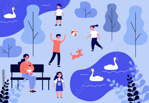 Happy children playing in park near lakes. Dog, bird, kid flat vector illustration. Nature, childhood and vacation concept for banner, website design or landing web page