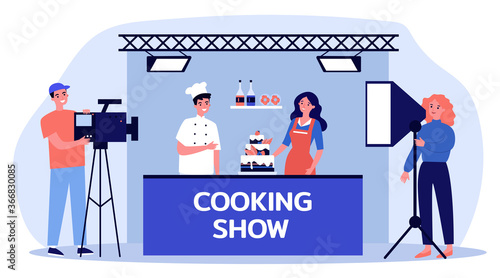 Happy chefs cooking cake for TV show. Apron, food, dessert flat vector illustration. Meal preparation and television concept for banner, website design or landing web page