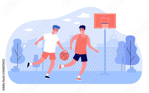 Friends playing basketball on court. Two male players with ball training on stadium. Vector illustration for urban sport, game, match, hobby, outdoor activity concepts